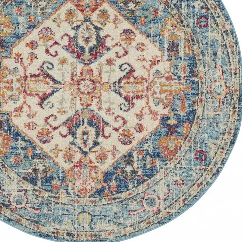 4' Ivory And Blue Oriental Distressed Round Rug Photo 3