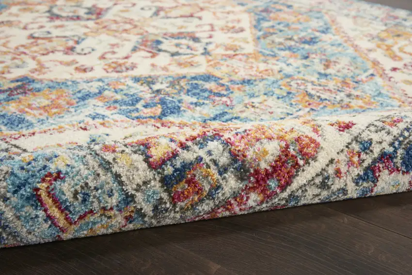 4' Ivory And Blue Oriental Distressed Round Rug Photo 4