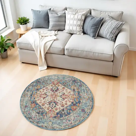 4' Ivory And Blue Oriental Distressed Round Rug Photo 1