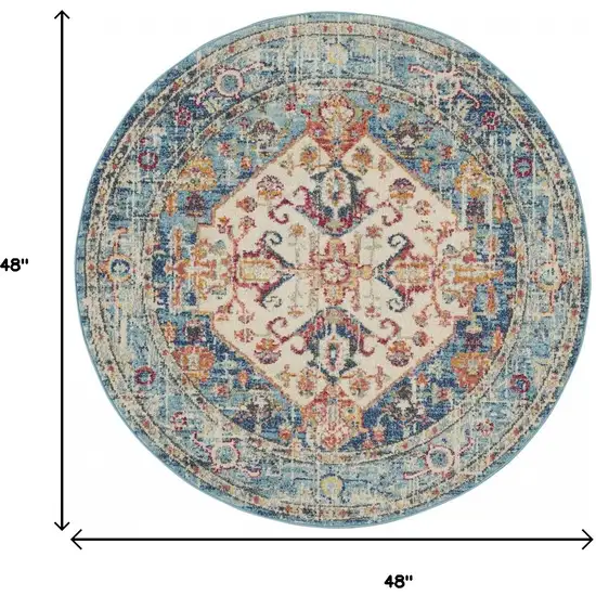 4' Ivory And Blue Oriental Distressed Round Rug Photo 3