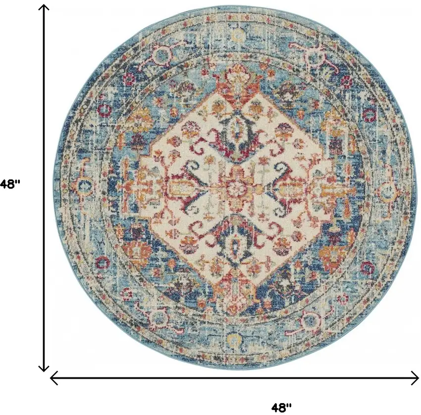 4' Ivory And Blue Oriental Distressed Round Rug Photo 3