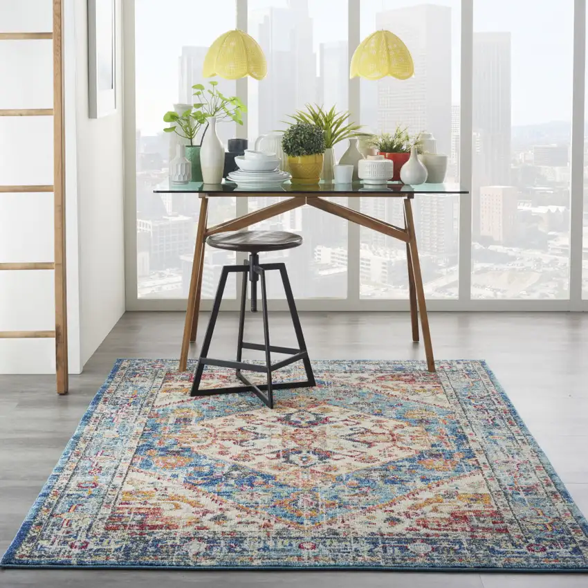 Ivory And Blue Oriental Distressed Area Rug Photo 5