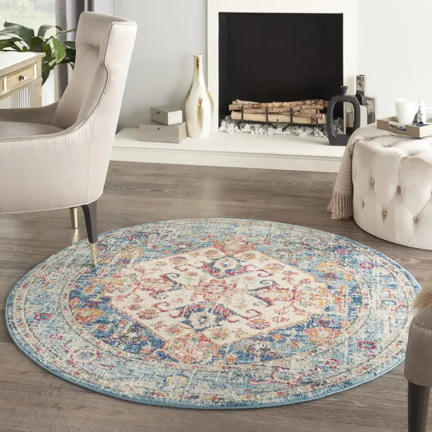 5' Ivory And Blue Oriental Distressed Round Rug Photo 5