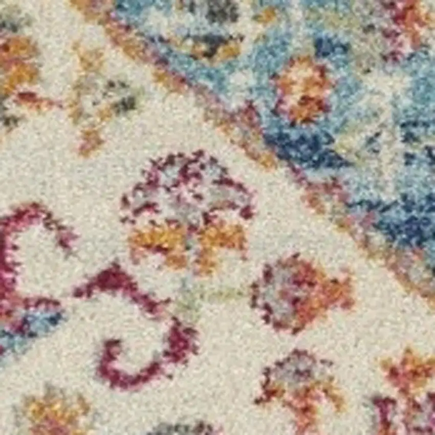 5' Ivory And Blue Oriental Distressed Round Rug Photo 3