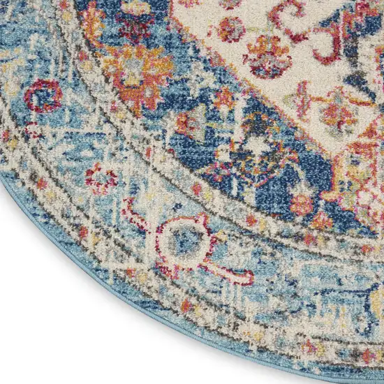 5' Ivory And Blue Oriental Distressed Round Rug Photo 9