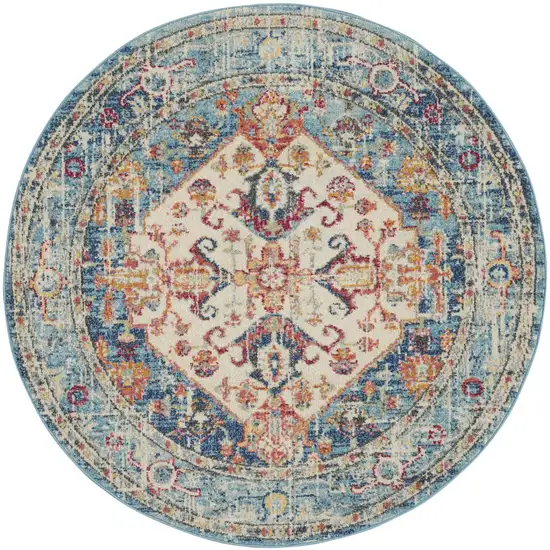 5' Ivory And Blue Oriental Distressed Round Rug Photo 4