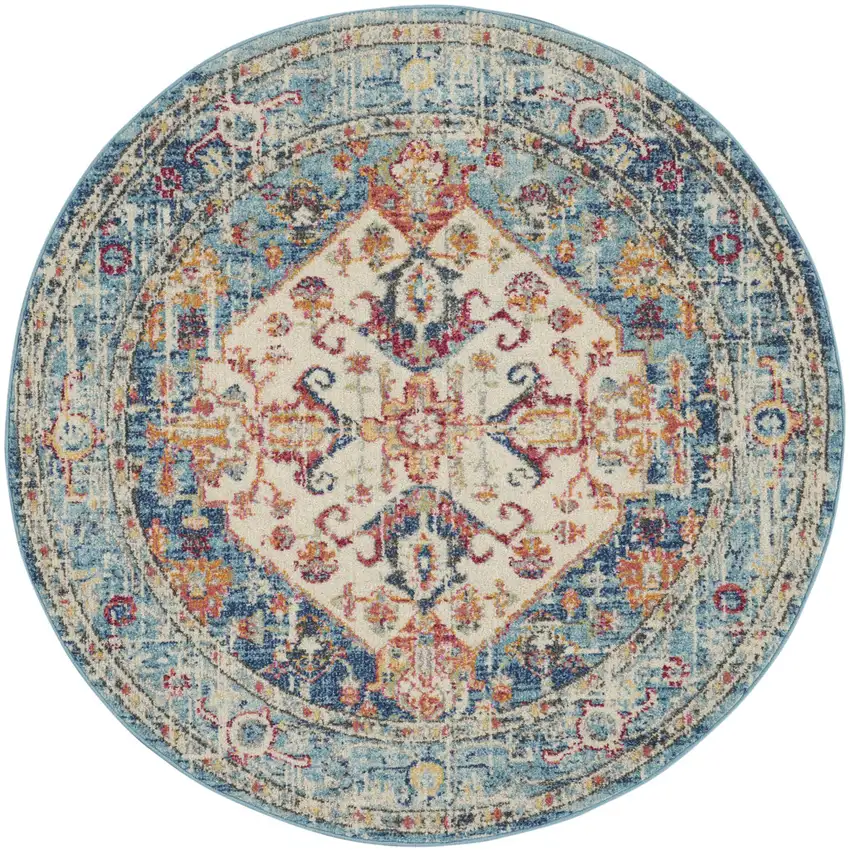 5' Ivory And Blue Oriental Distressed Round Rug Photo 4