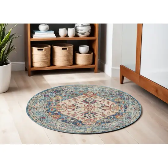 5' Ivory And Blue Oriental Distressed Round Rug Photo 2