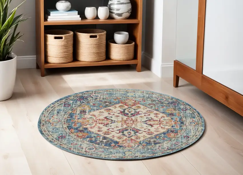 5' Ivory And Blue Oriental Distressed Round Rug Photo 2