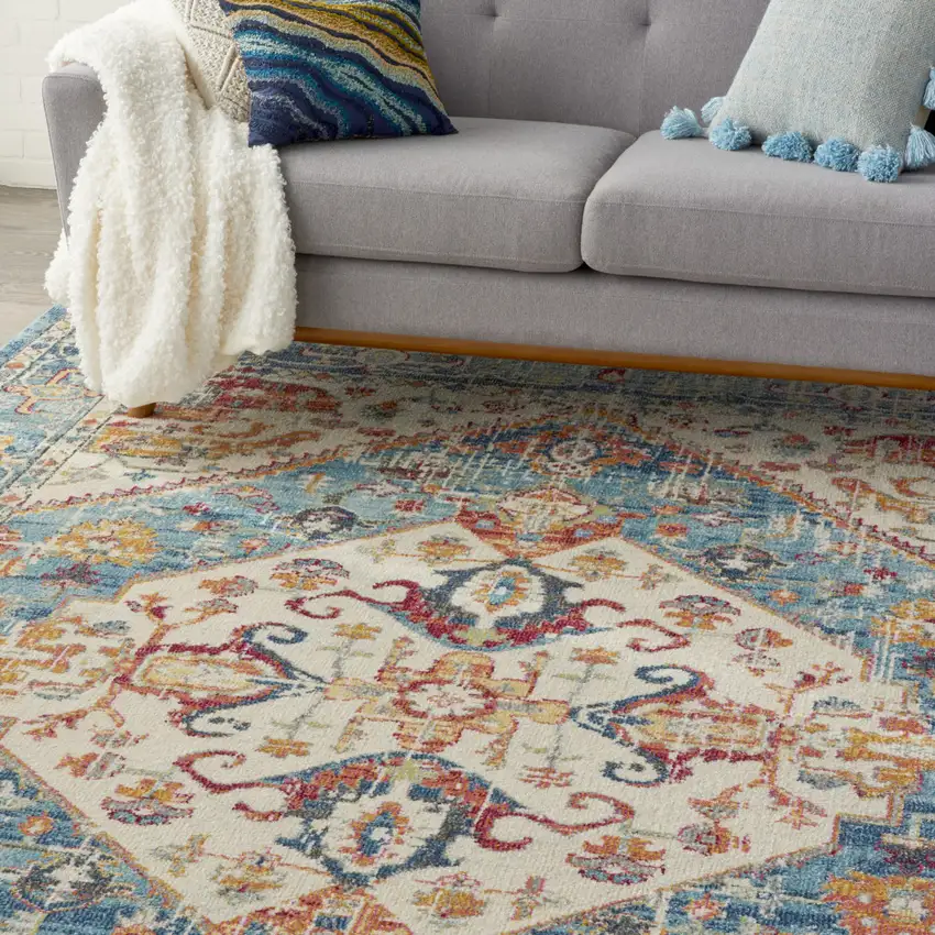 Ivory And Blue Oriental Distressed Area Rug Photo 5