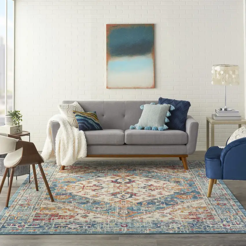 Ivory And Blue Oriental Distressed Area Rug Photo 4