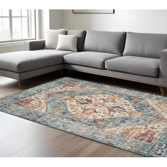 Ivory And Blue Oriental Distressed Area Rug Photo 2