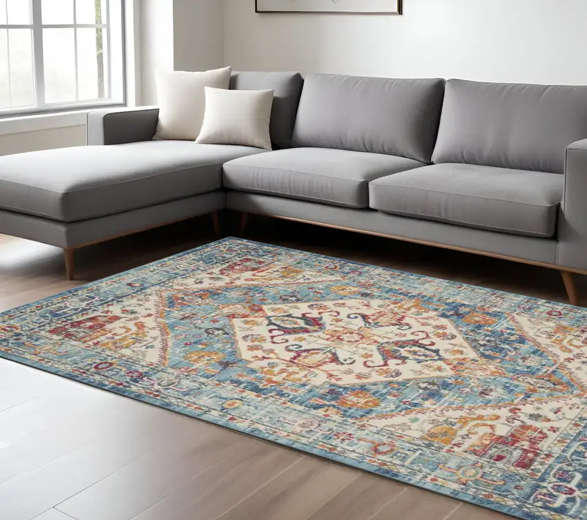 Ivory And Blue Oriental Distressed Area Rug Photo 2