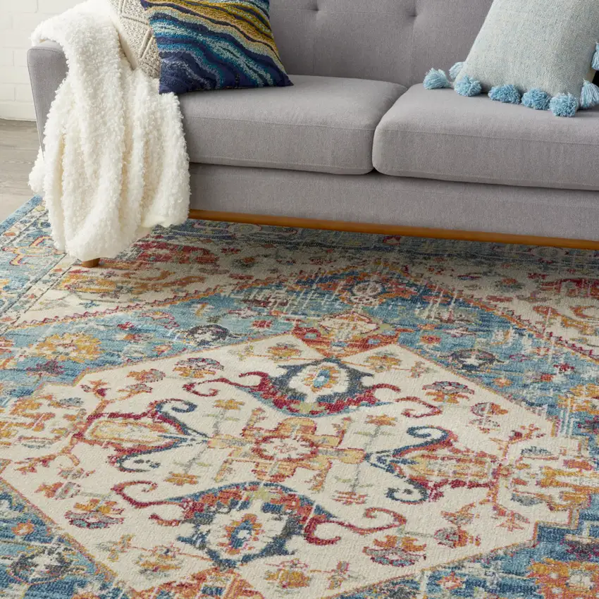 Ivory And Blue Oriental Distressed Area Rug Photo 9