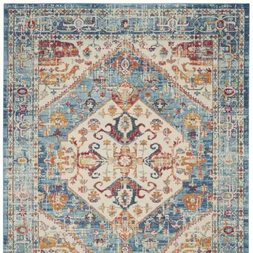 Ivory And Blue Oriental Distressed Area Rug Photo 8