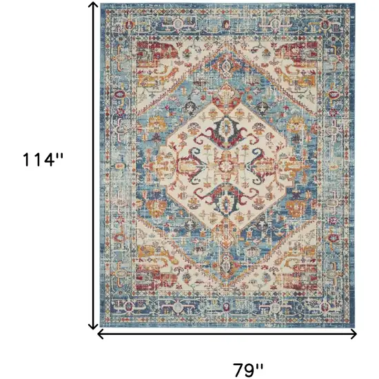 Ivory And Blue Oriental Distressed Area Rug Photo 6