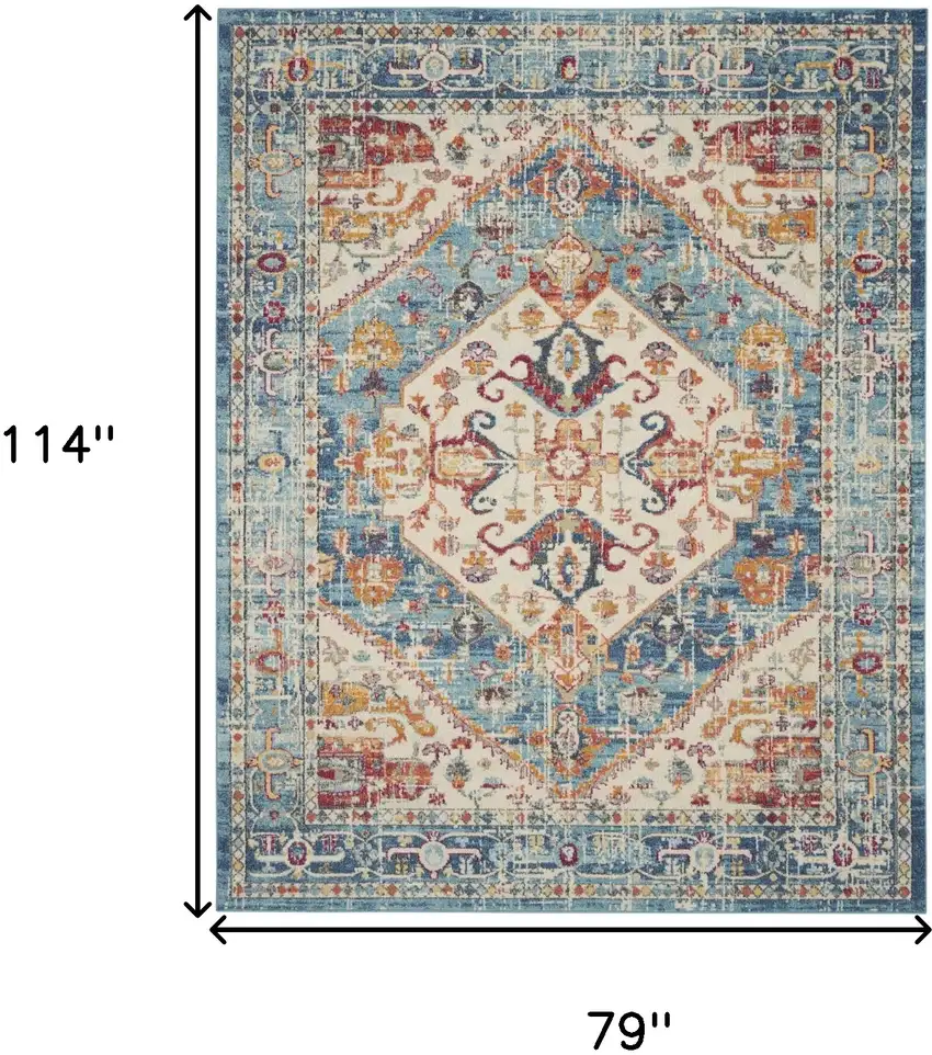 Ivory And Blue Oriental Distressed Area Rug Photo 6