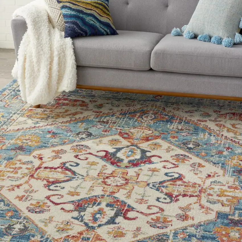 Ivory and Light Blue Distressed Area Rug Photo 6