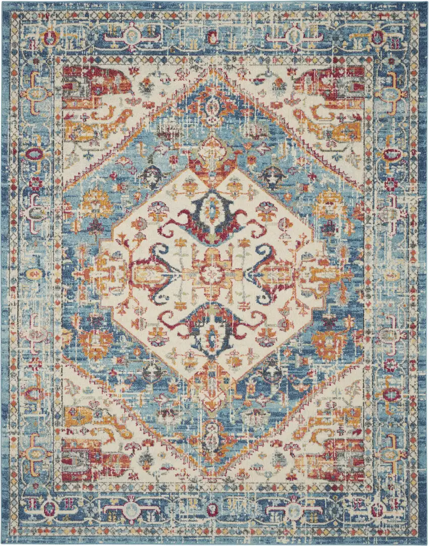 Ivory And Blue Oriental Distressed Area Rug Photo 1