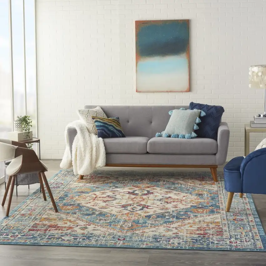 Ivory and Light Blue Distressed Area Rug Photo 7