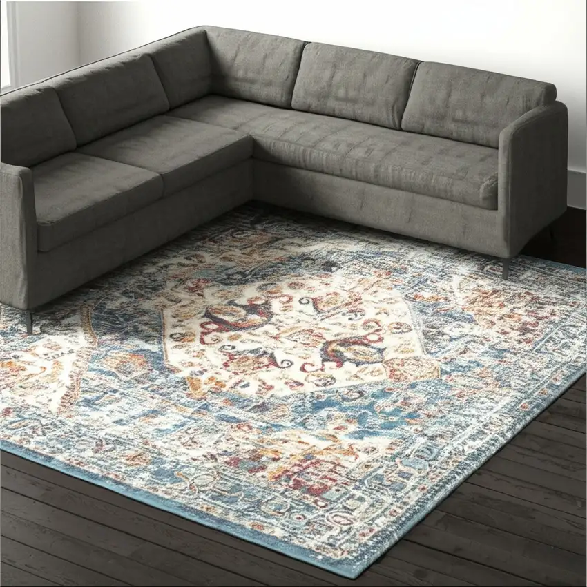 Ivory And Blue Oriental Distressed Area Rug Photo 1