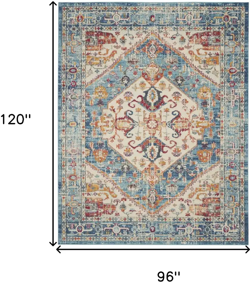 Ivory And Blue Oriental Distressed Area Rug Photo 3