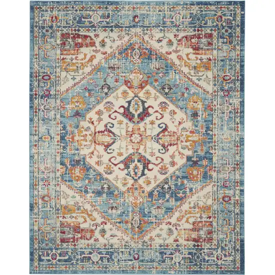 Ivory And Blue Oriental Distressed Area Rug Photo 9