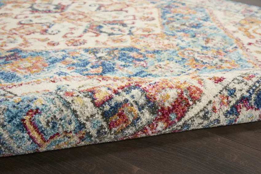 8' Ivory And Blue Oriental Distressed Runner Rug Photo 9