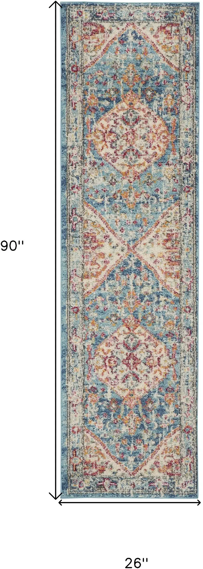 8' Ivory And Blue Oriental Distressed Runner Rug Photo 9