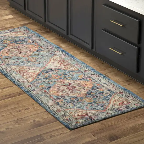 8' Ivory And Blue Oriental Distressed Runner Rug Photo 1