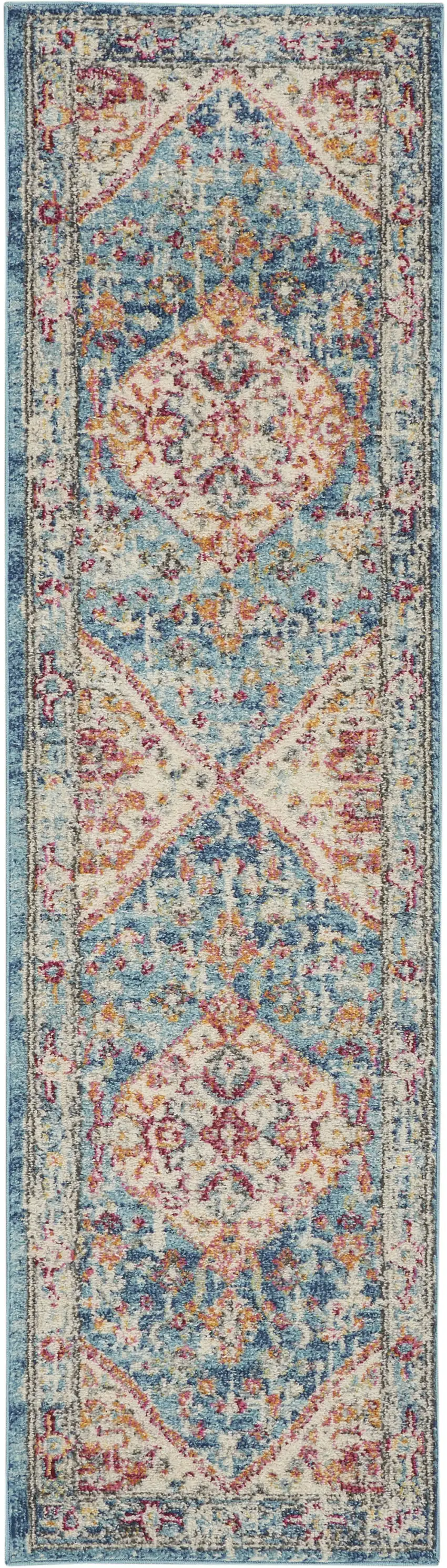 8' Ivory And Blue Oriental Distressed Runner Rug Photo 1