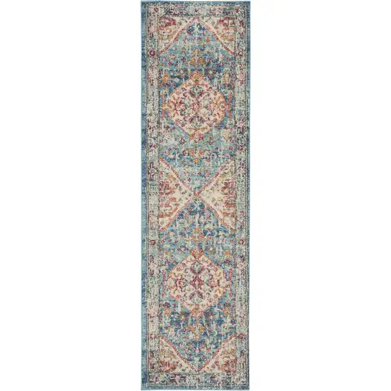 8' Ivory And Blue Oriental Distressed Runner Rug Photo 9
