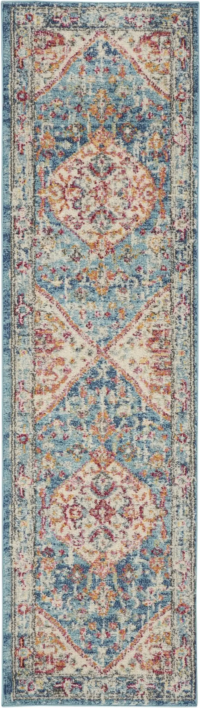 8' Ivory And Blue Oriental Distressed Runner Rug Photo 9
