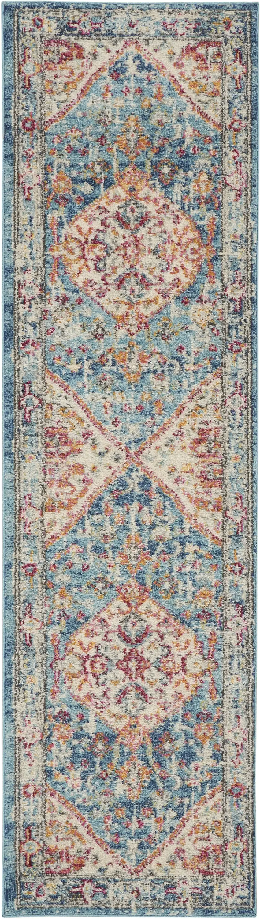 Ivory and Light Blue Distressed Runner Rug Photo 1