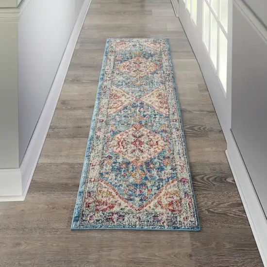 8' Ivory And Blue Oriental Distressed Runner Rug Photo 5