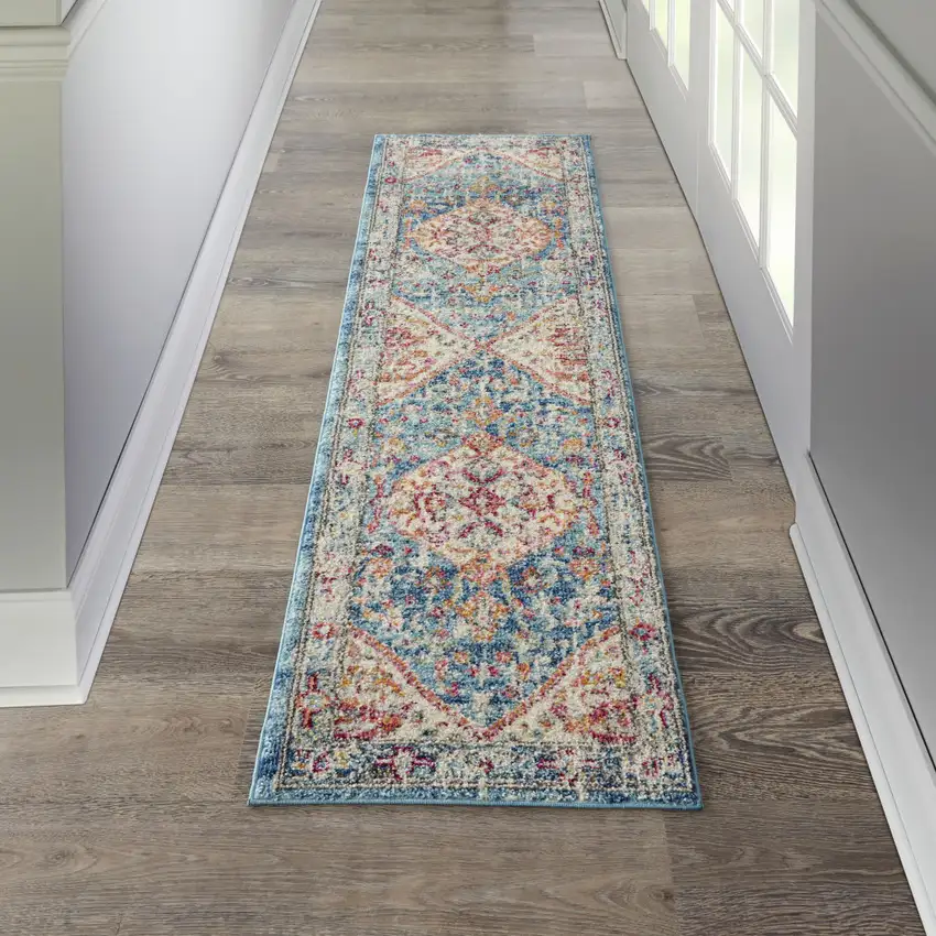 8' Ivory And Blue Oriental Distressed Runner Rug Photo 5