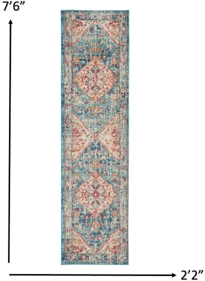 Ivory and Light Blue Distressed Runner Rug Photo 4