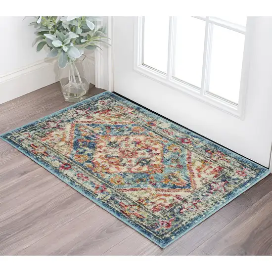 Ivory And Blue Oriental Distressed Area Rug Photo 1