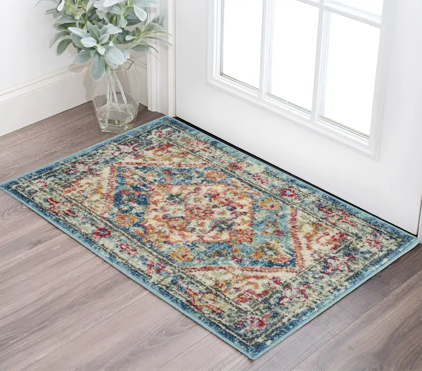 Ivory And Blue Oriental Distressed Area Rug Photo 1