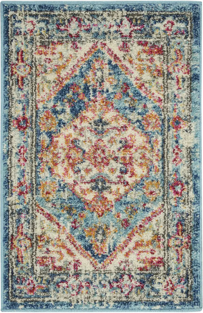 Ivory And Blue Oriental Distressed Area Rug Photo 1