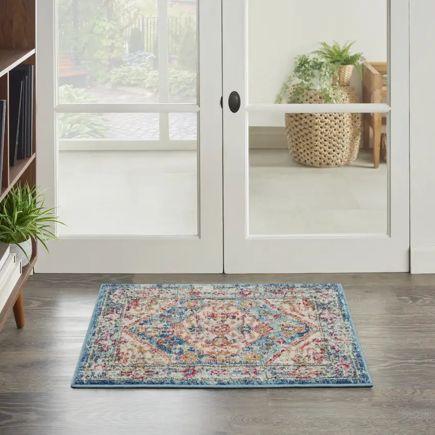 Ivory And Blue Oriental Distressed Area Rug Photo 8