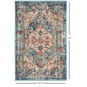 Photo of Ivory and Light Blue Distressed Scatter Rug