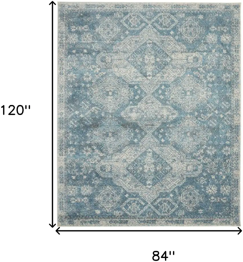 Ivory and Light Blue Geometric Distressed Area Rug Photo 3