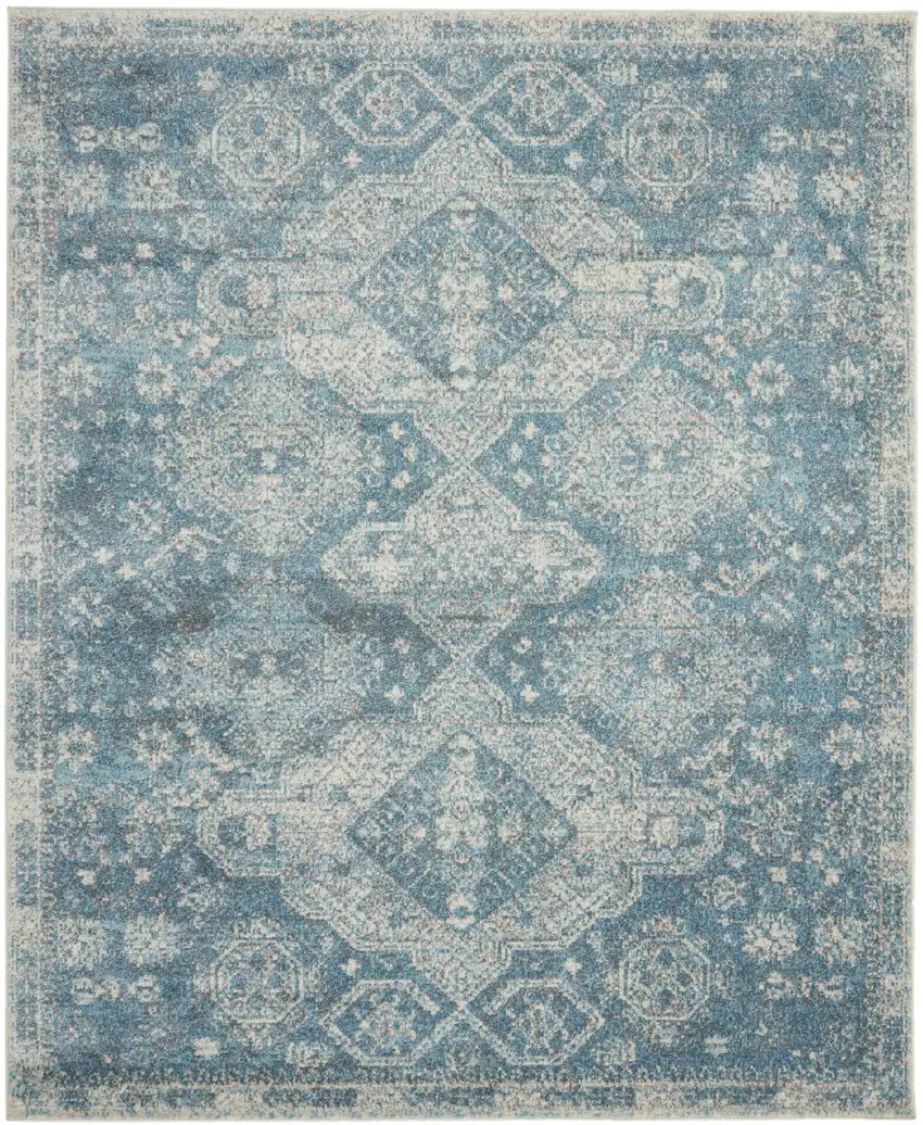 Ivory and Light Blue Geometric Distressed Area Rug Photo 2