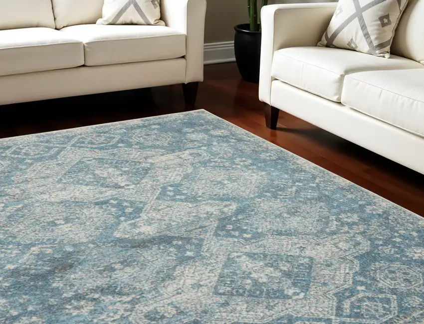 Ivory and Light Blue Geometric Distressed Area Rug Photo 1