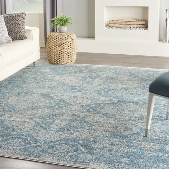 Ivory and Light Blue Geometric Distressed Area Rug Photo 3