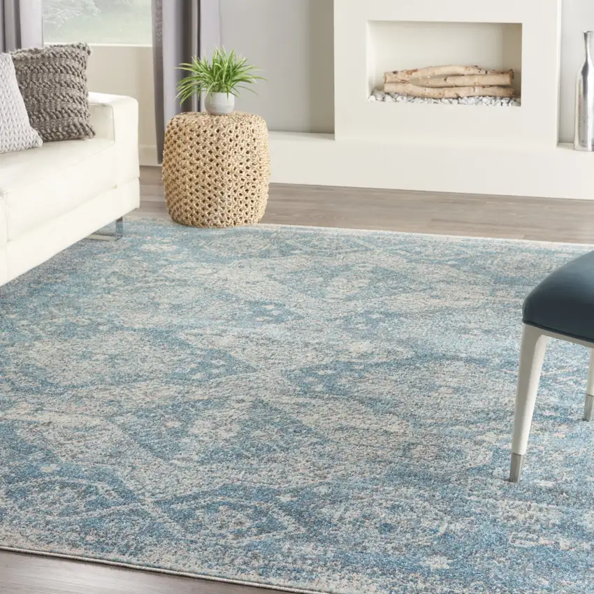 Ivory and Light Blue Geometric Distressed Area Rug Photo 3
