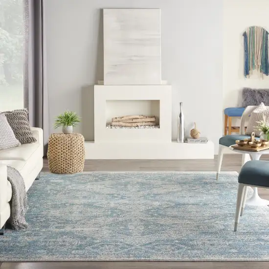 Ivory and Light Blue Geometric Distressed Area Rug Photo 4