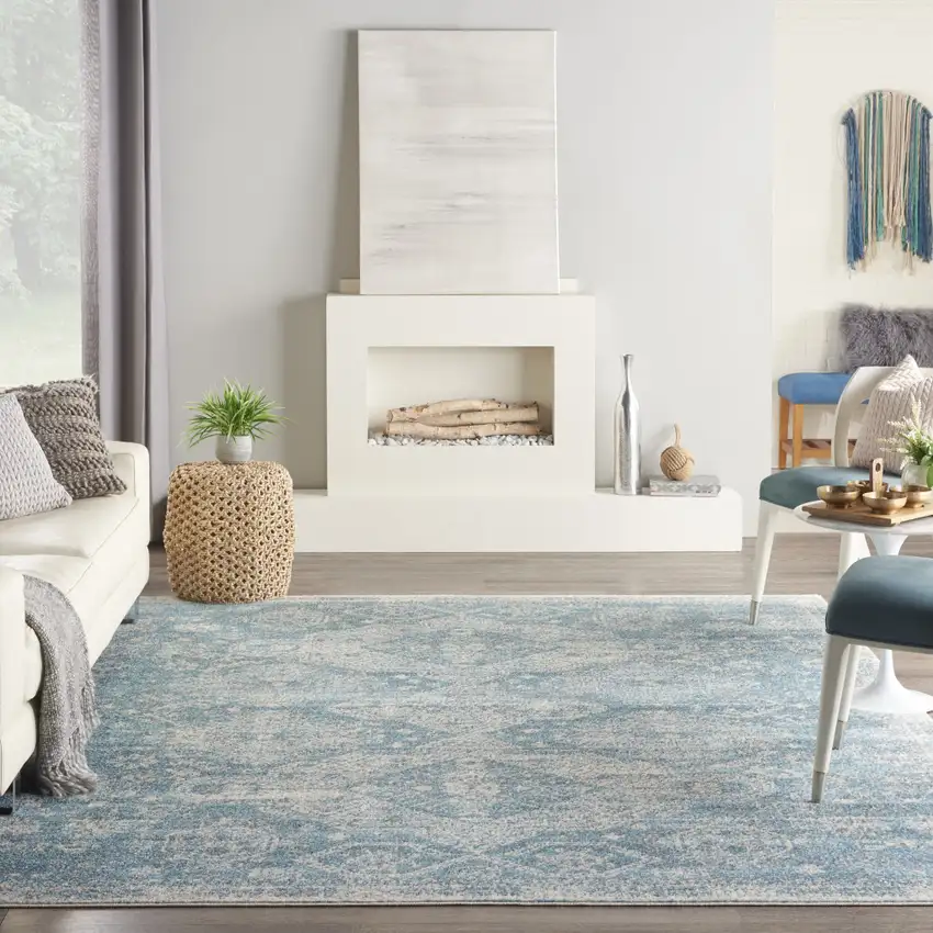 Ivory and Light Blue Geometric Distressed Area Rug Photo 4