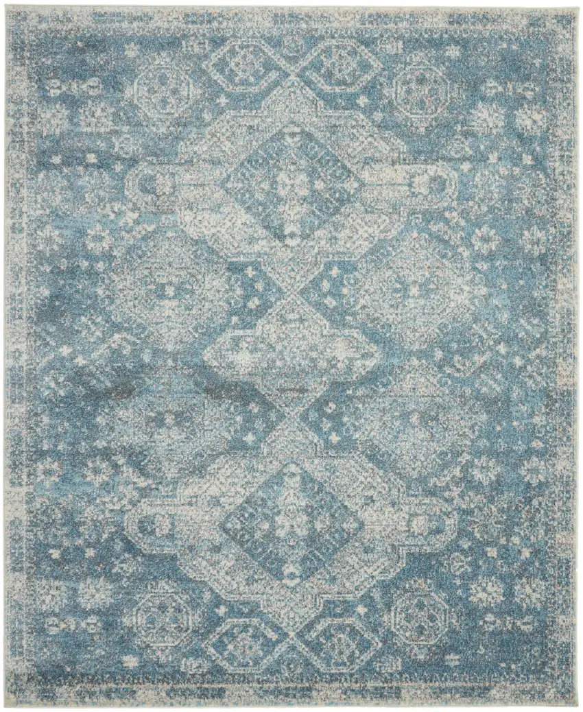 Ivory and Light Blue Geometric Distressed Area Rug Photo 1